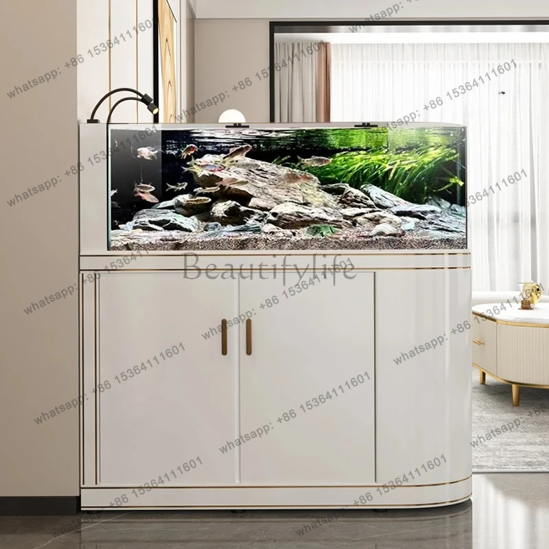 

Light luxury curved ecological landscaping ultra-white glass fish tank aquarium designer model