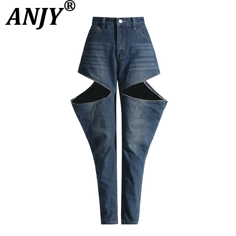 

ANJY Spring Summer New Women's Vintage High Street Pockets Jeans Casual Fashion Personality Design Hollow Out Pencil Pants A7196