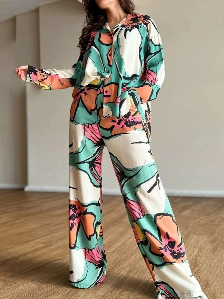 2 Pieces Women\'s Pajamas Sets Summer Spring Flower Print Blouse Shirt Suit Tops Pants Home Suits Two Piece Set Tracksuit Outfit