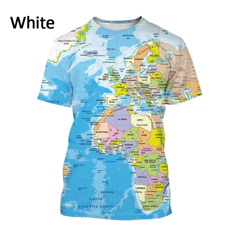 World Map 3D Printing Men\'s Short Sleeve T-Shirt World Map Plate Outline Design Men\'s and Women\'s Personality Short Sleeve Tops