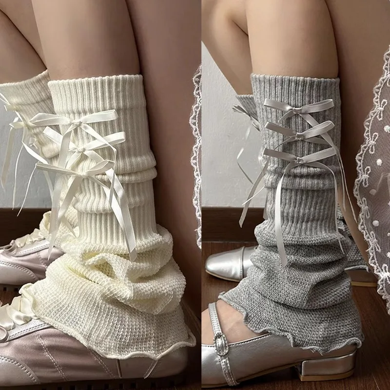 2025 novo outono japonês lolita arco fita perna mais quente feminino pé calcanhar quente de malha joelho alta meias longas moda bota capa meias