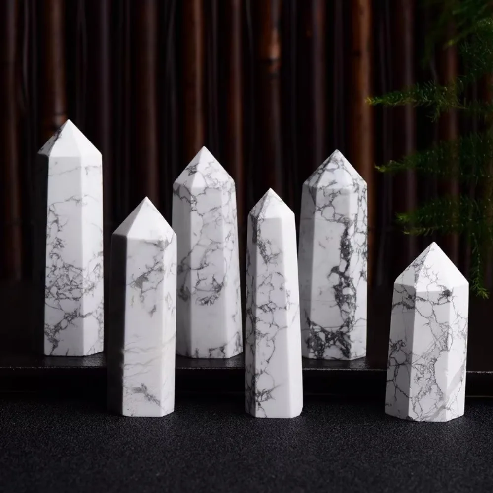40-90mm Natural Stone White Howlite Tower Healing Crystals Obelisk Wand Crystal Hexagonal Single Point Home Decor Spiritual Gift