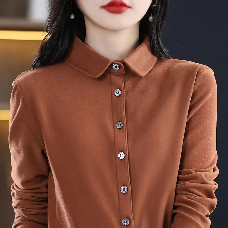 Camicia con colletto a risvolto morbido alla moda 2024 nuova camicia Casual da donna top primavera autunno inverno addensare camicia a fondo caldo femminile