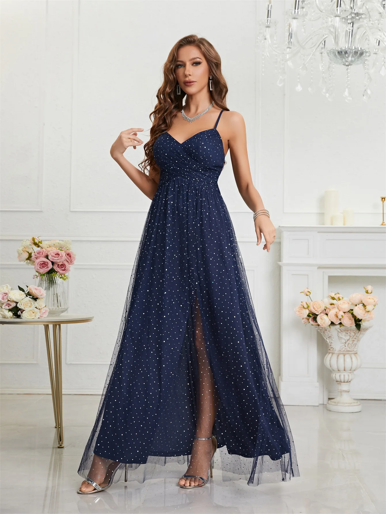 Unithorse-Robe Cami en Maille, Fendue, Col Licou, Cuisse Haute