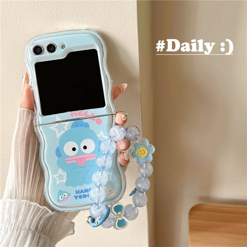 

Cute Cartoon Sanrio Hangyodon with Lanyard Phone Case for Samsung Galaxy Z Flip 3 4 5 5G PC Hard Anti-drop Back Cover Funda