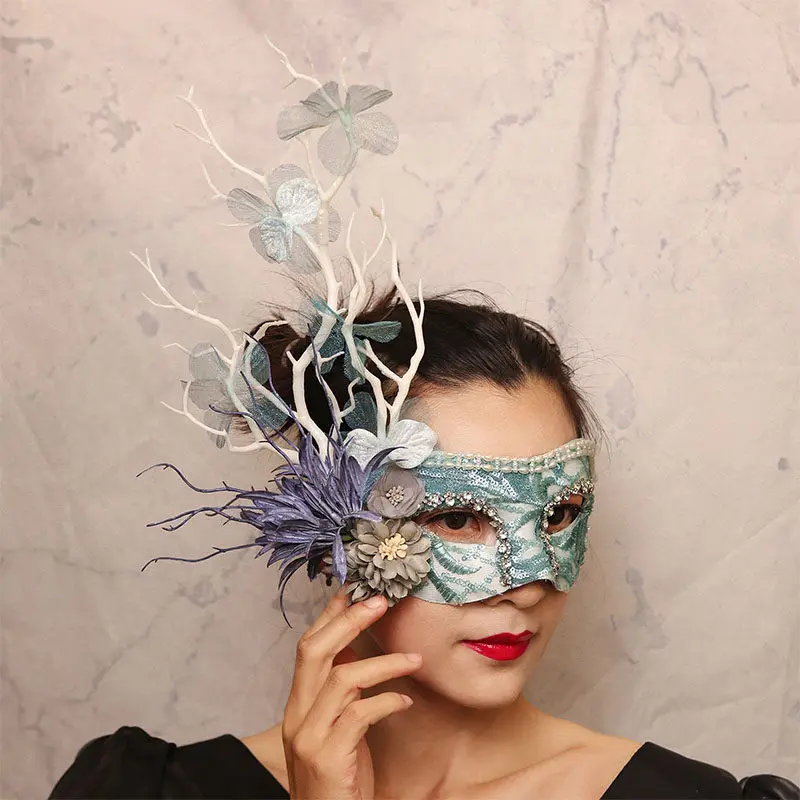 Europe and the United States exaggerate Venice green flower mask tree branches masked singer Halloween carnival masquerade party 3