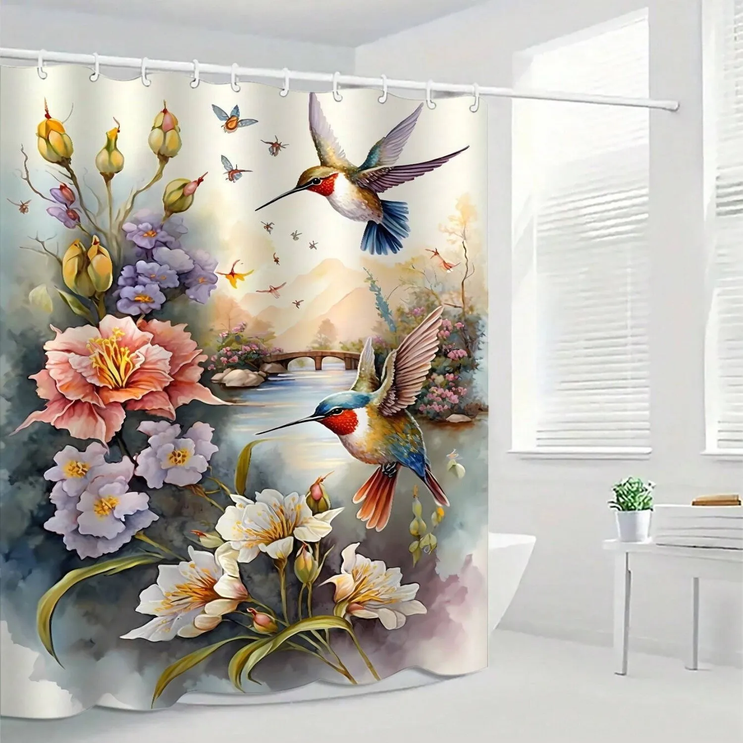 

1 шт., весенние птицы и цветы, зимняя занавеска для ванной комнаты, полиэстеровая занавеска для душа с цифровым принтом, занавеска для перегородки ванной комнаты без отверстий
