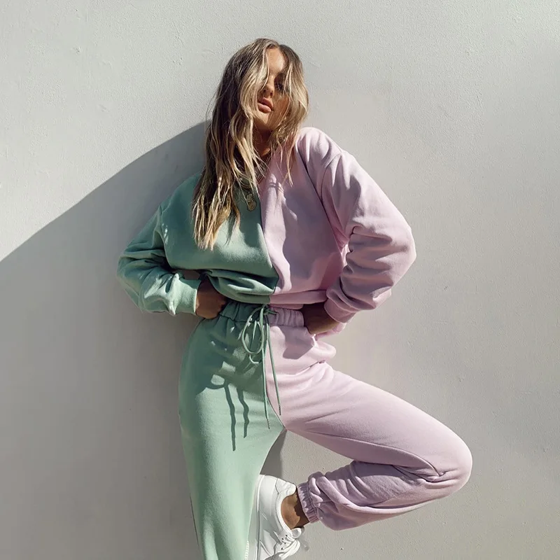 Women's Tracksuit Suit O-neck Sweatshirt Two Piece Set Ladies Spring New High Waist Sportpant Sets Female Symmetrical Patchwork