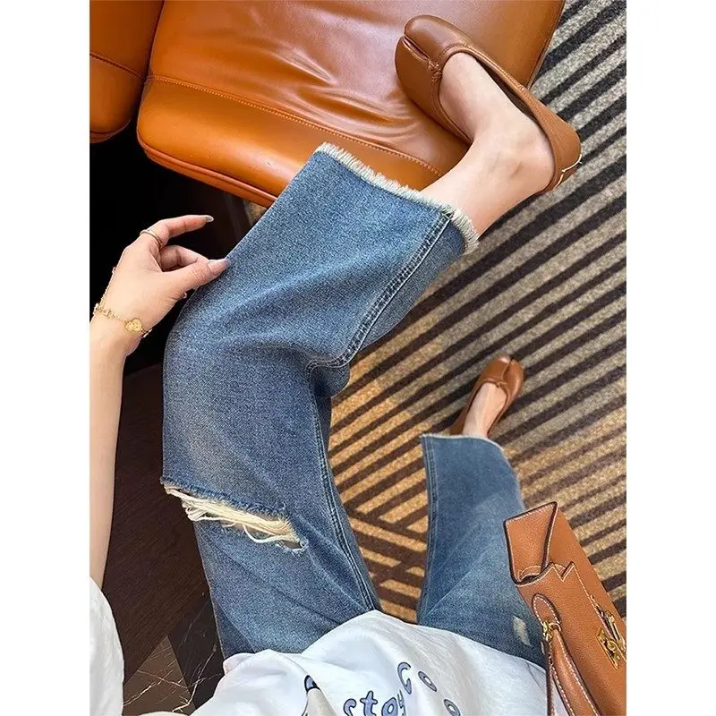Retro American High Waist Straight Leg Denim Jeans Women's Loose Slimming Design Sensation Frayed  Nine Point Pants