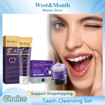 Pó de limpeza dos dentes remover manchas de placa dentária tártaro iluminar refrescar o hálito roxo clareamento dos dentes pasta de dentes higiene oral