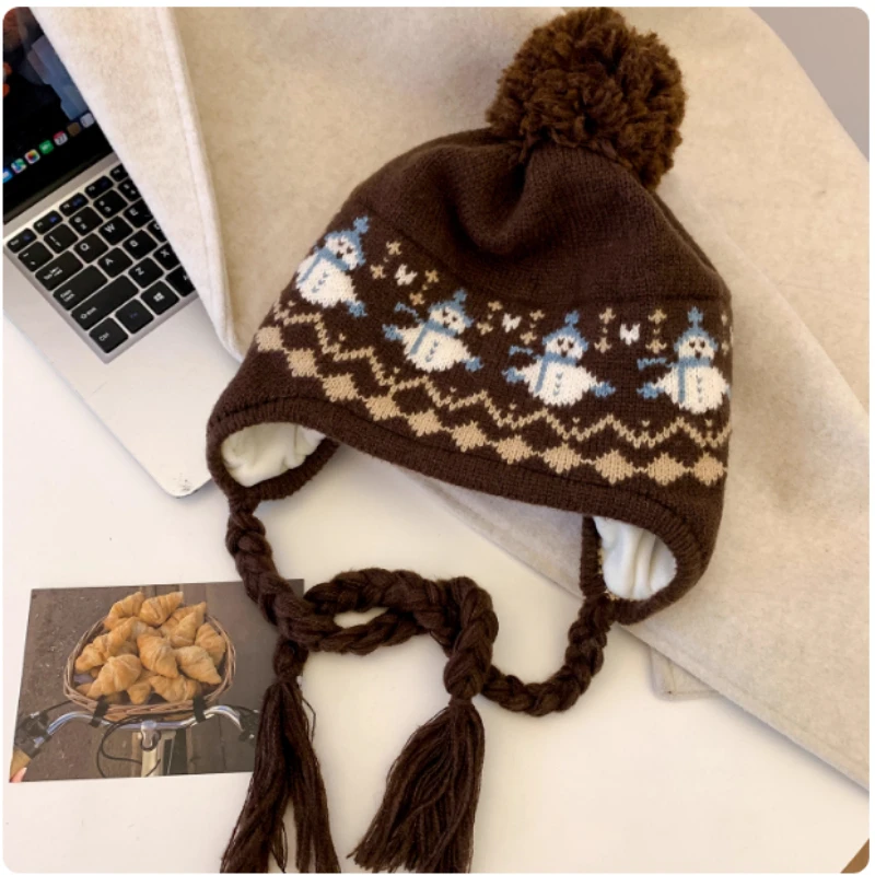 اليابانية معرض جزيرة نمط ثلج الجاكار الأذن البلوز قبعة قبعة للنساء الخريف والشتاء سميكة الدافئة الدانتيل متابعة قبعة متماسكة