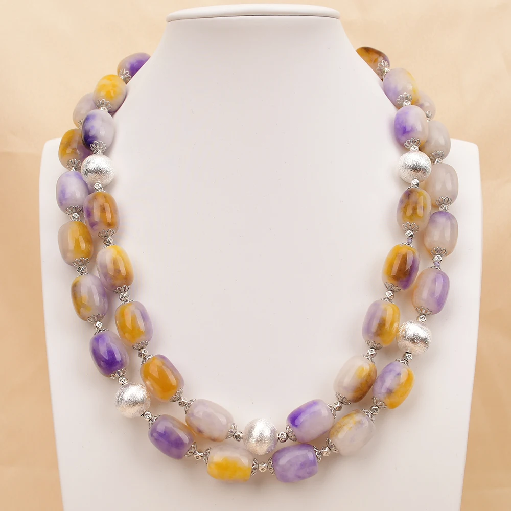 G-G 2 Rows Natural Stone Mix Color Purple Yellow Jade Brushed Beads Necklace Handmade For Women