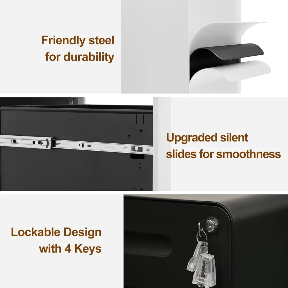 Secure Mobile Metal File Cabinet with 4 Keys, 3-Drawer Lockable Storage for Home Office, Under Desk, Pre-Assembled