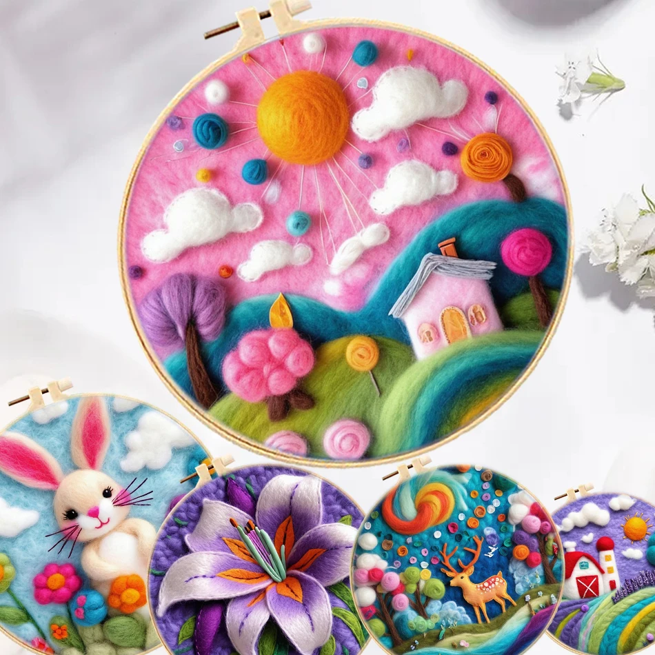 

20x20cm Needle Felting Kit Starter Scenery Animal Painting Wool Felting Kit for Beginners Adult DIY Handicraft Home Decoration