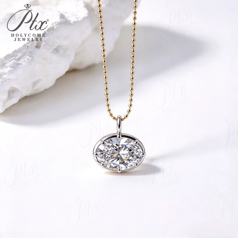 Oval Cut Pendants Necklace Lab Grown Diamond East West 2ct Genuine 18K 14K Gold Bead Chain Wedding Party Charms Holycome Jewelry