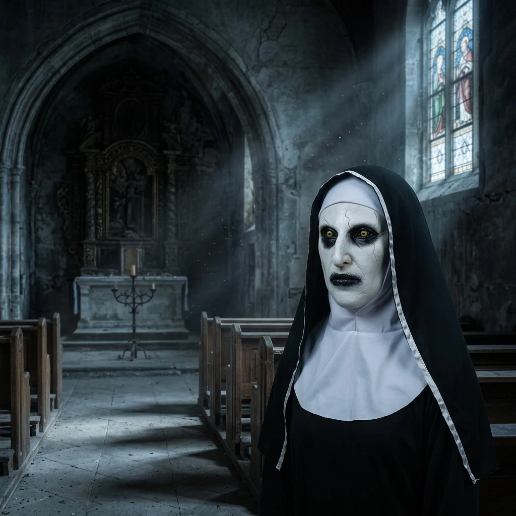 Halloween Scary Nun Mask Latex Full Head with Headscarf Veil Cosplay Costume Prop Adult Unisex Halloween Party Masquerade Dress Up view 2