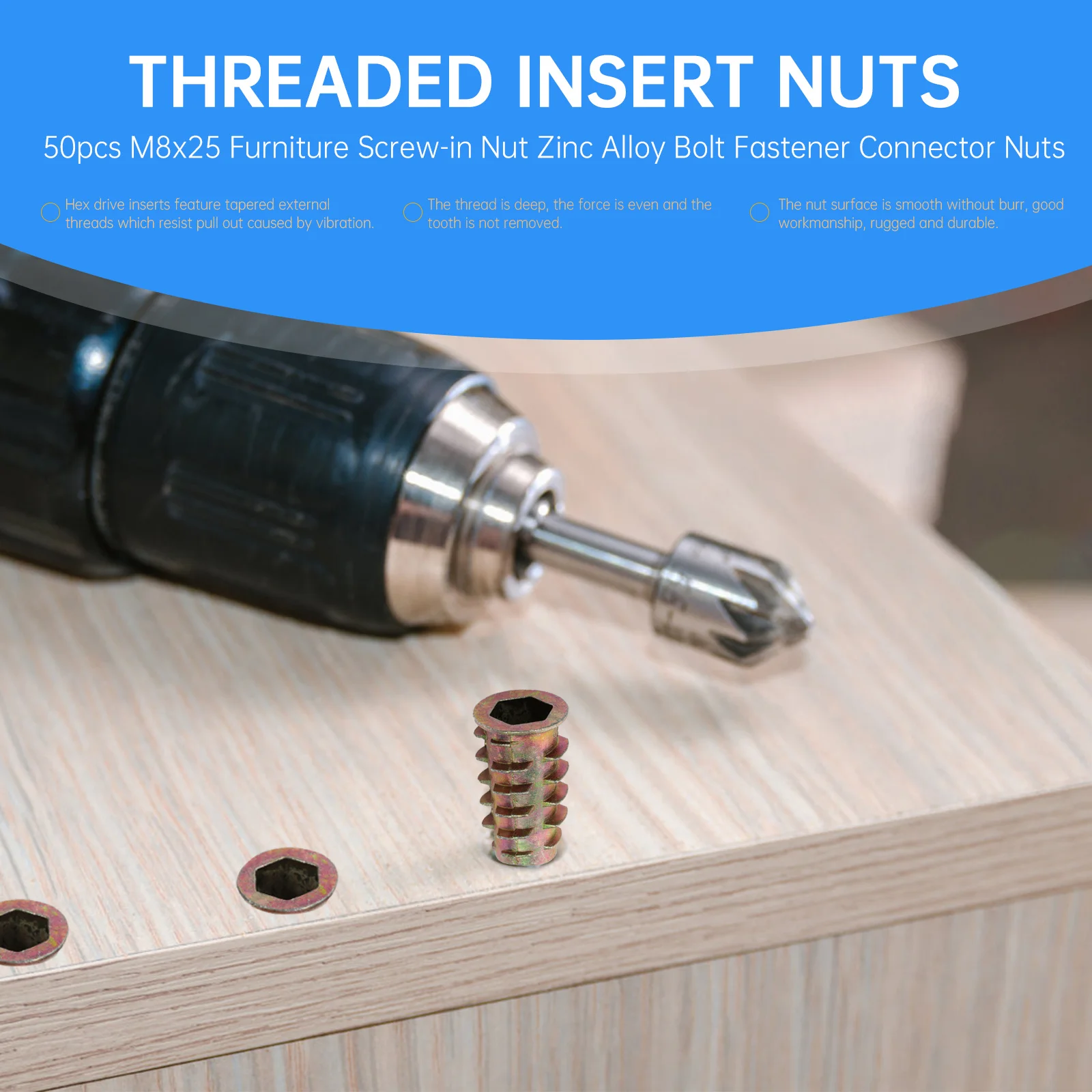 

50pcs M8X25 Socket Nut Zinc Screw-In Nut Alloy Threaded Insert Screw-In Fastener For Home Hardware Home Hardwares Parts Parts