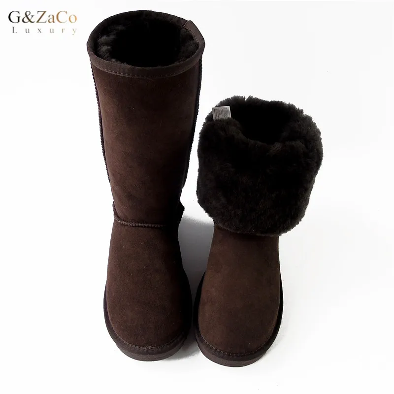 G&Zaco Luxury Winter Knee High Sheepskin Snow Boots Natural Wool Sheep Fur Boots Women Long Classic Leather Wool Boots