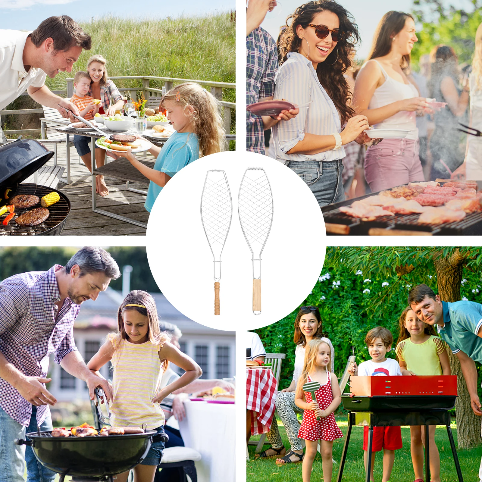 

2Pcs BBQ Barbecue Tool Wire Frame Round Net Rack Wooden H Fish Basket For Barbecue Party Outdoor Kitchen