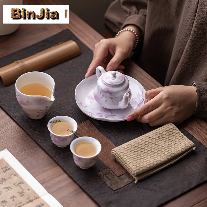 BAEJORIA Hand Drawn Purple Orchid Travel Tea Set Kit Vintage 1 Pot 2 Cups Tea Maker Organizer Portable Picnic Tote Bag Teaware