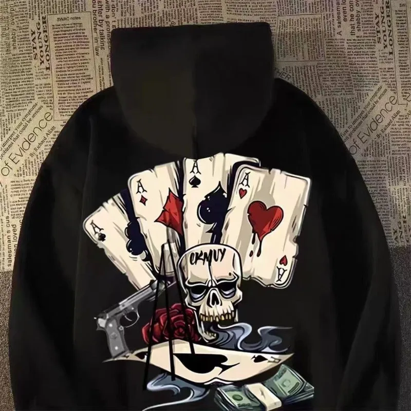【M-8XL Hoodies】Autumn Men Pullover Hoodie Oversized Sweatshirt Fashion Loose Skeleton Poker Print Long Sleeve Couple Clothes