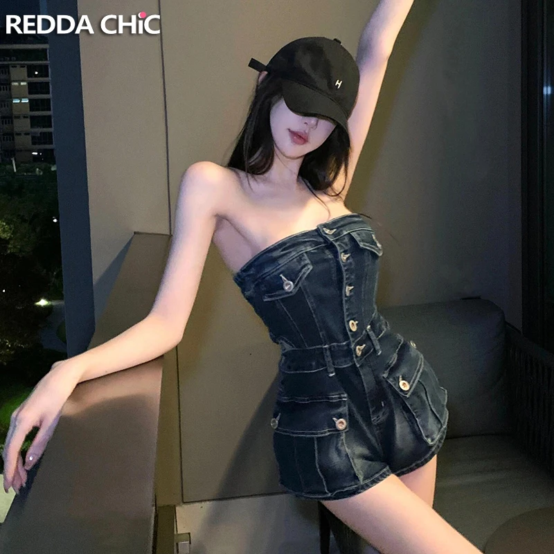 

REDDACHiC Single-breasted Denim Tube Jumpsuit Women Cowgirl Cargo Pockets Hollow-out Corset Overall Shorts Vintage Y2k Clothes