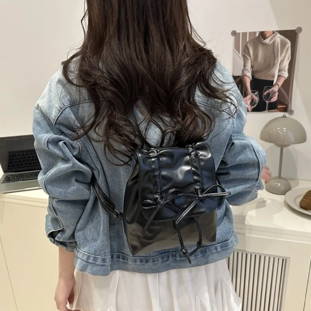 간단한 넥타이 보우 배낭 Y2k 솔리드 컬러 Pu 가죽 배낭 대용량 더블 어깨 가방 학생 학교 가방 학생