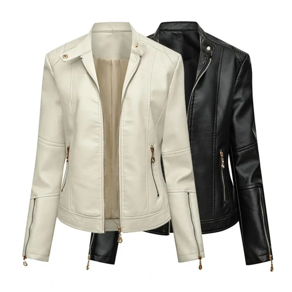 Fabulous Biker Coat Windproof Multi Zippers Turn-down Collar Skin-friendly Biker Jacket  Autumn Jacket Faux Leather