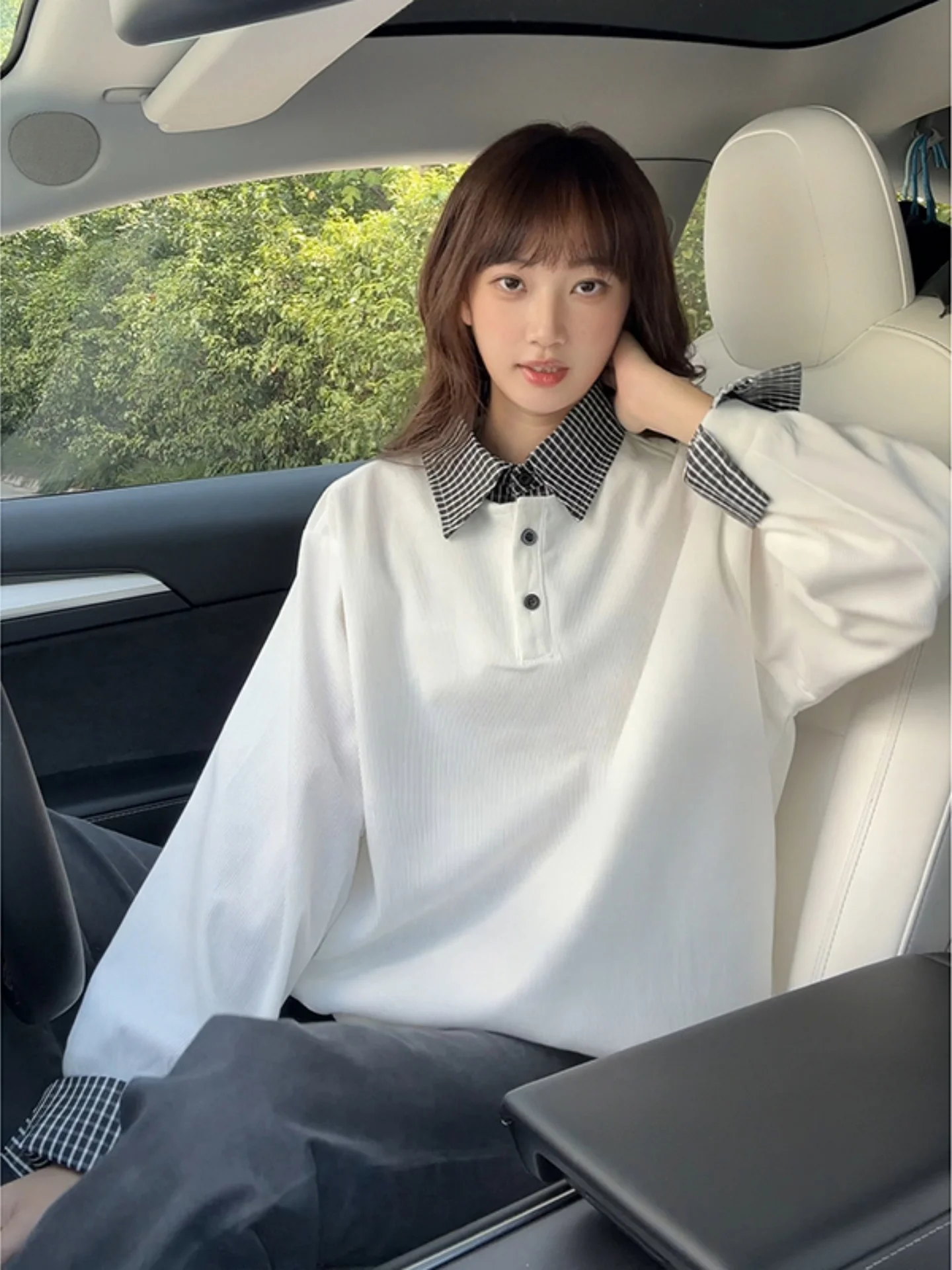 

Мужской свитшот в клетку с лоскутным воротником, осенний дизайн, молодежный, для пар, свободный крой, с длинными рукавами, удобный, из полиэстера