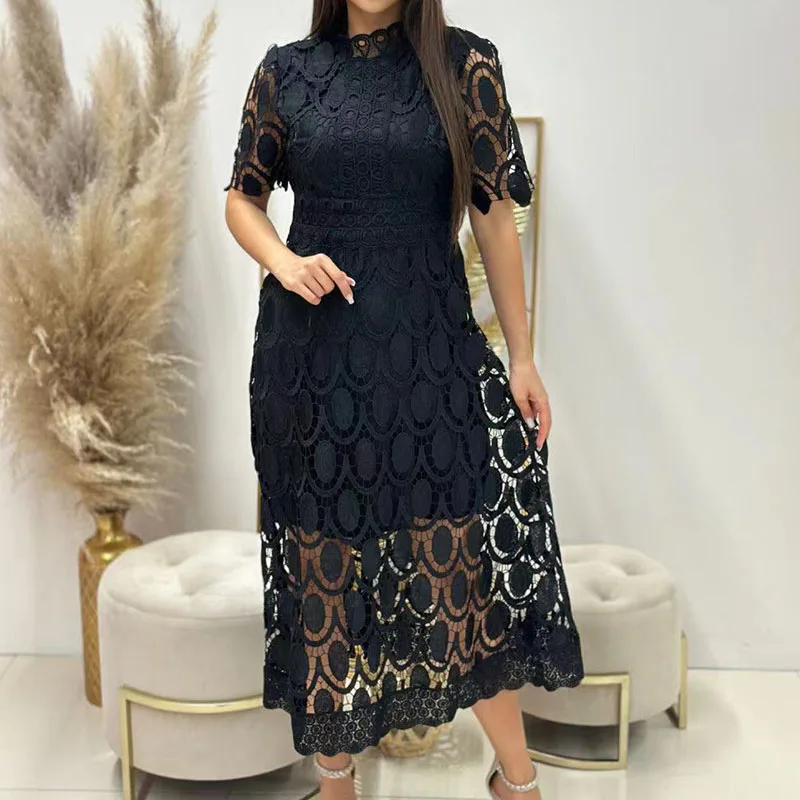 Sexy Embroidery Hollow Lace Jacquard Dress Women Spring Stand Collar Crochet Long Dress Summer Short Sleeve A-Line Party Dresses