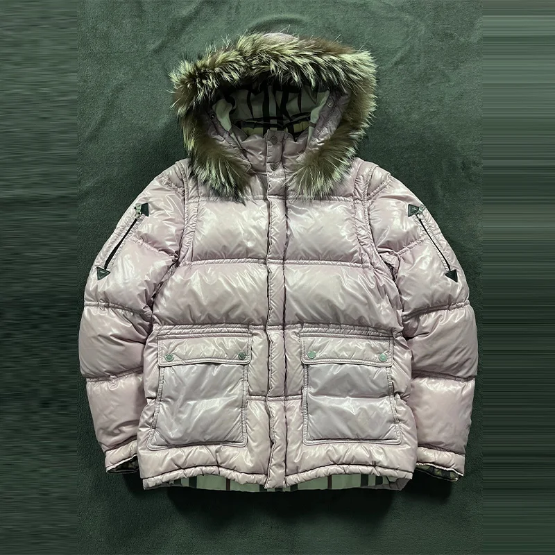 Elegante manga destacável para baixo jaqueta feminina couro brilhante gola de pele acolchoado casaco de algodão 2025 nova moda inverno senhora outwear