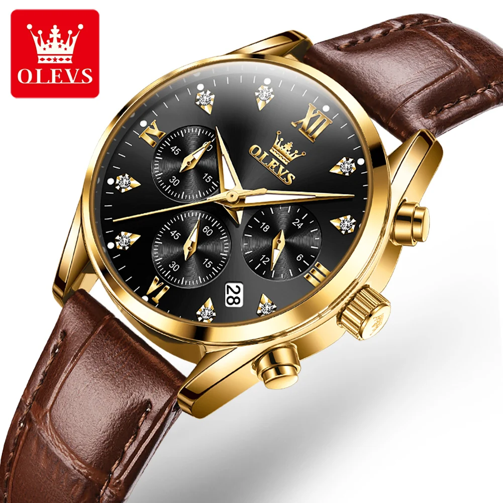 OLEVS Original Trend Women Watch Waterproof Leather Strap Quartz watches for woman Classic Three Eyed Dial Women's wristwatch