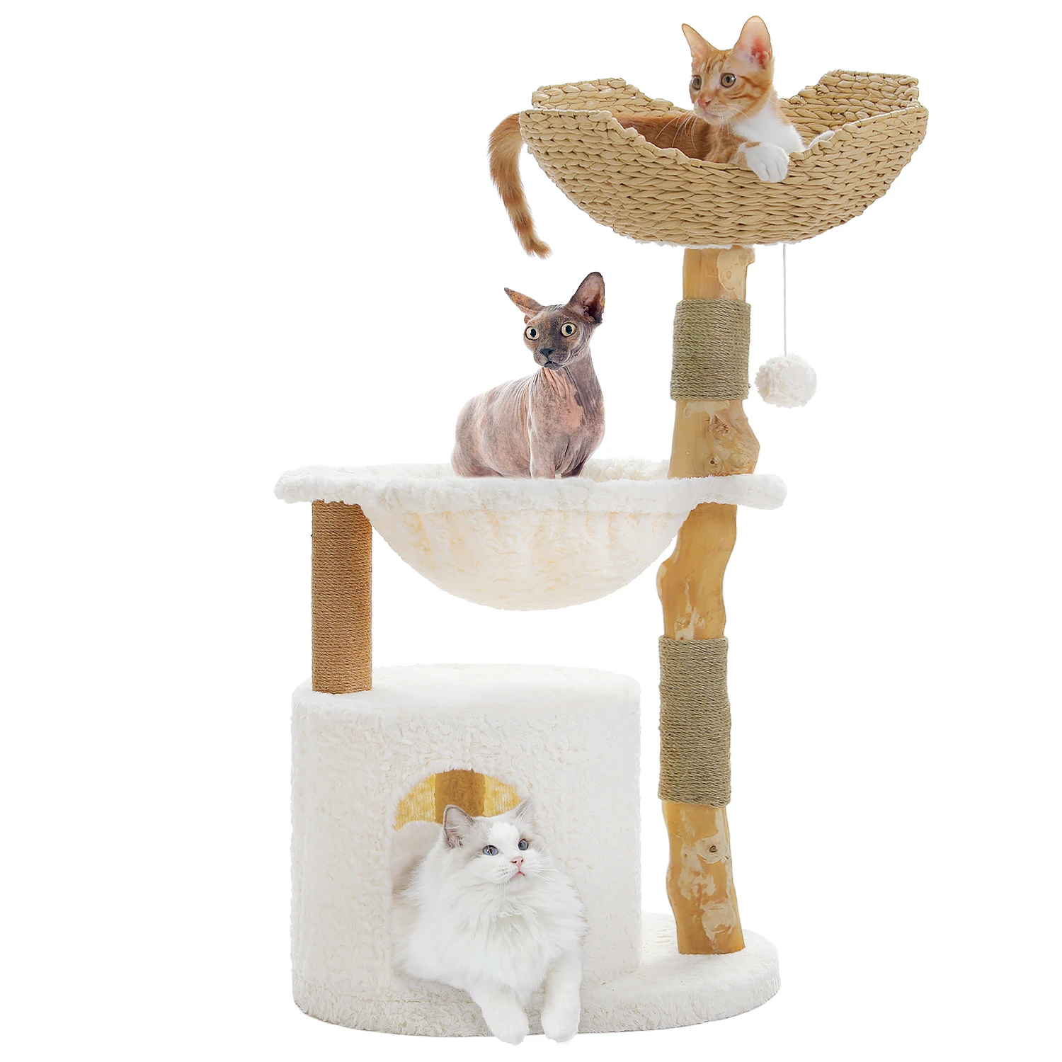 PEQULTI Moderner Kratz baum, Katzen turm aus Naturholz mit großem Weidenkorb, geräumige Wohnung, tiefe Hängematte, luxuriöses Katzen hausbett für den Innenbereich 3