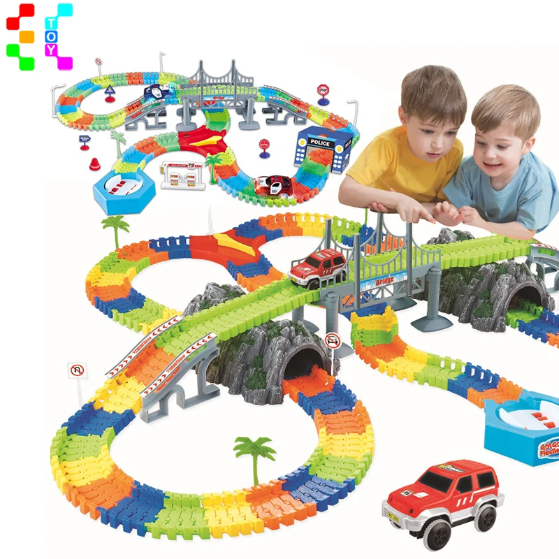 

Child Diy Assembled Track Electric Race Car With Led Lights Glowing Assembly Racing Rail Roller Coaster For Children Toys Gifts