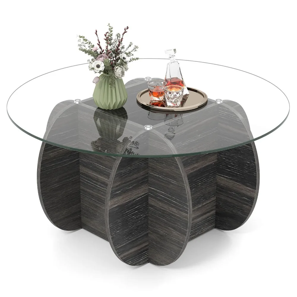 

35" Round Coffee Table Modern Accent Table w/ Tempered Glass Top for Living Room