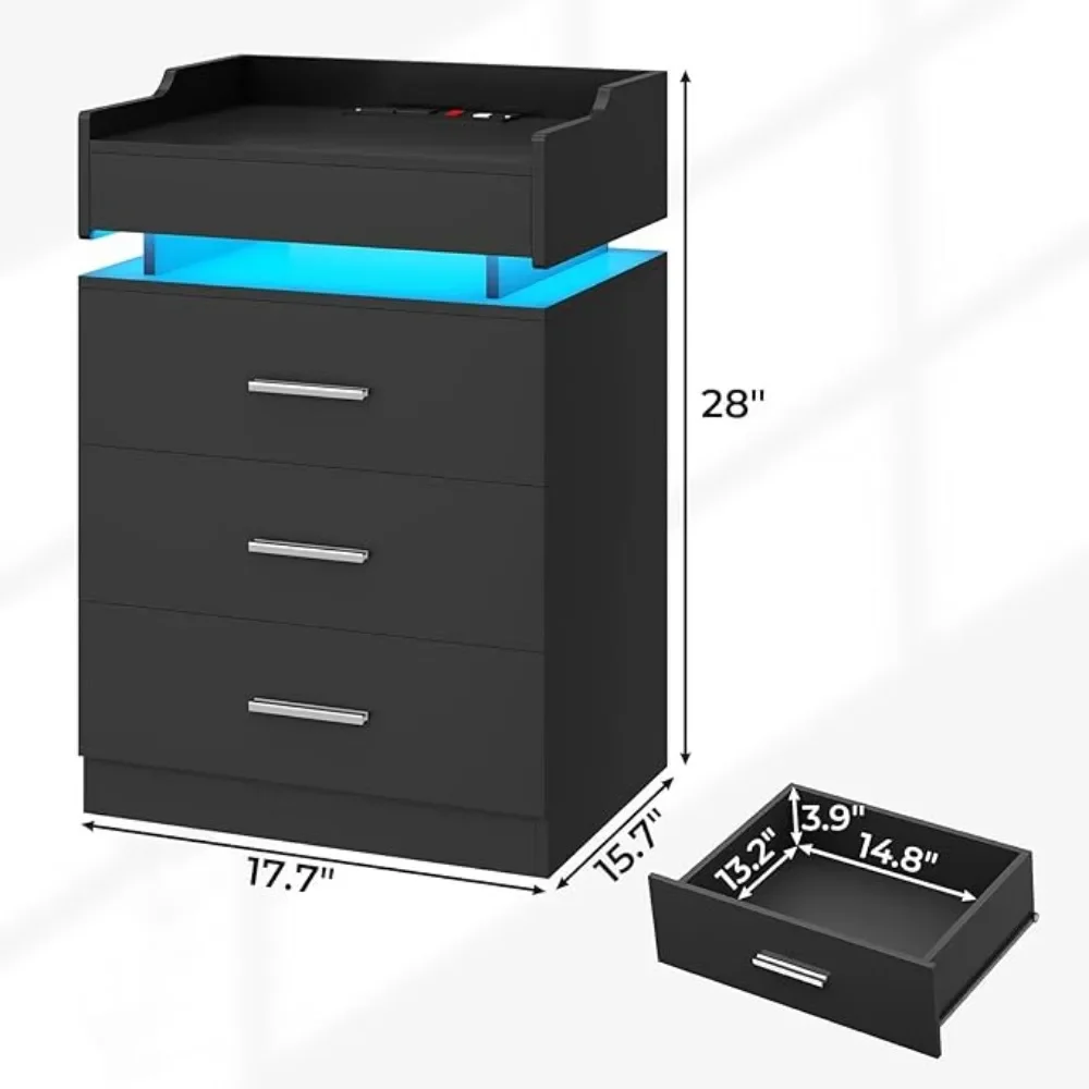 LED bedside table 2 sets 2, large night shift with charging station, bedside table with pull-up shelf and 3 drawers
