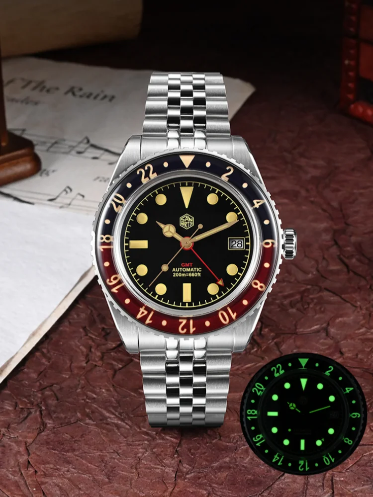San Martin 40mm NH34 GMT Diver's Watch For Men Sapphire Bezel 5-Link Bracelet On The Fly Adjust Clasp 20Bar Saat Erkek SN0005B