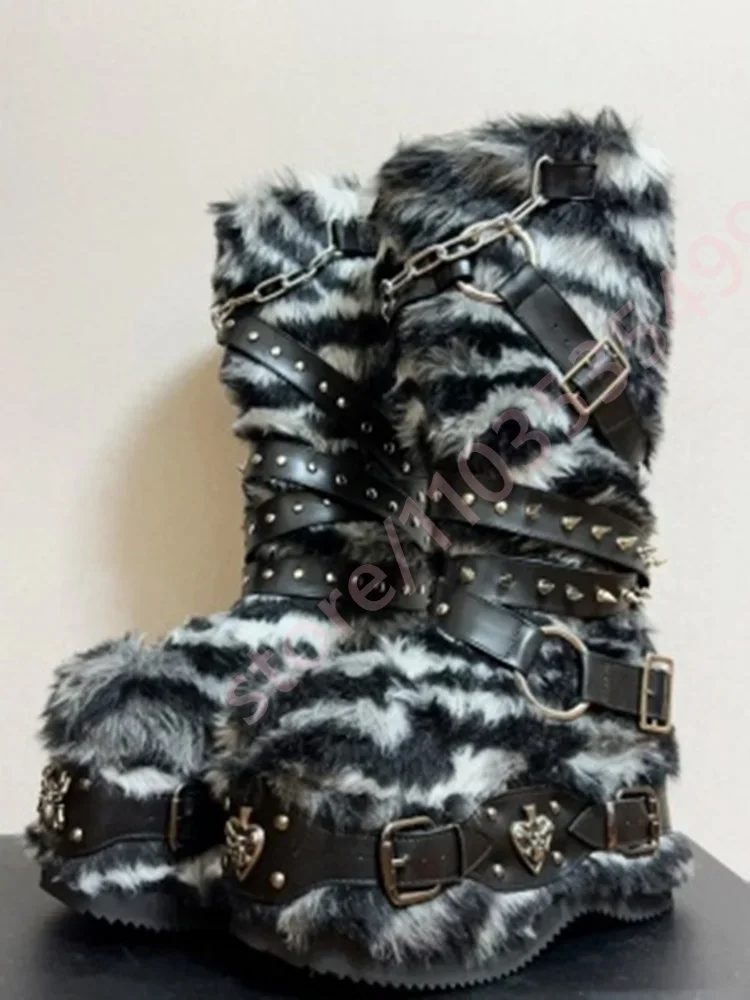 

2025 Punk-Style Leather Buckle Fur Snow Boots Winter New Style Round Toe Stage Boot Fashion Party Casual Knee-High Studded Boots