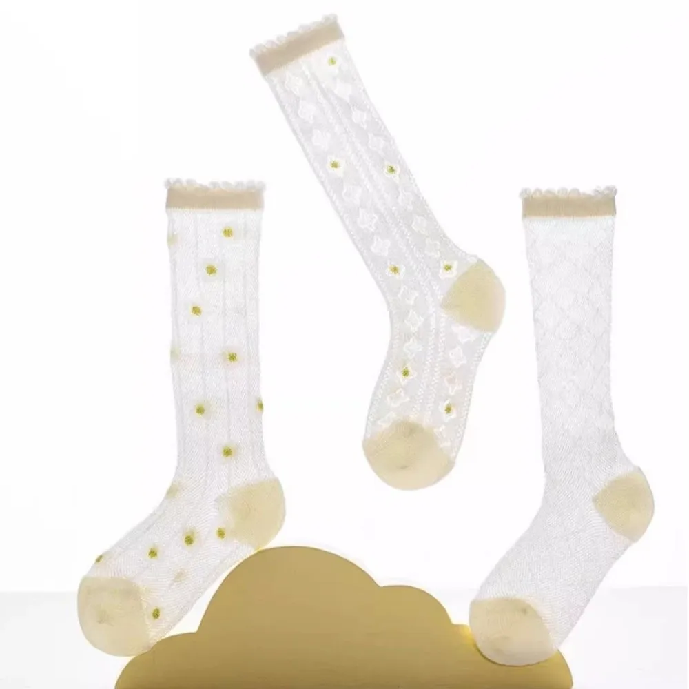 3 Pairs Floral Pattern Knee High Sock Stars Hearts Breathable Mesh Over the Calf Socks White Ruffle Design Long Stockings