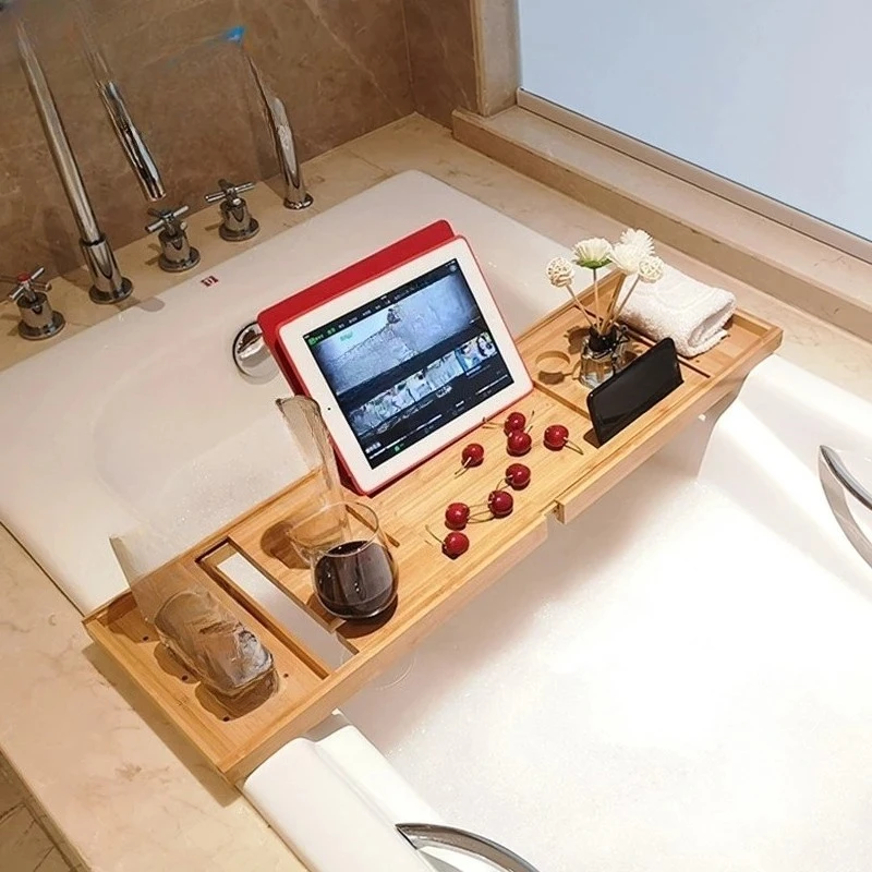 

Bathtub rack Bamboo European telescopic non-slip bath Tablet phone rack