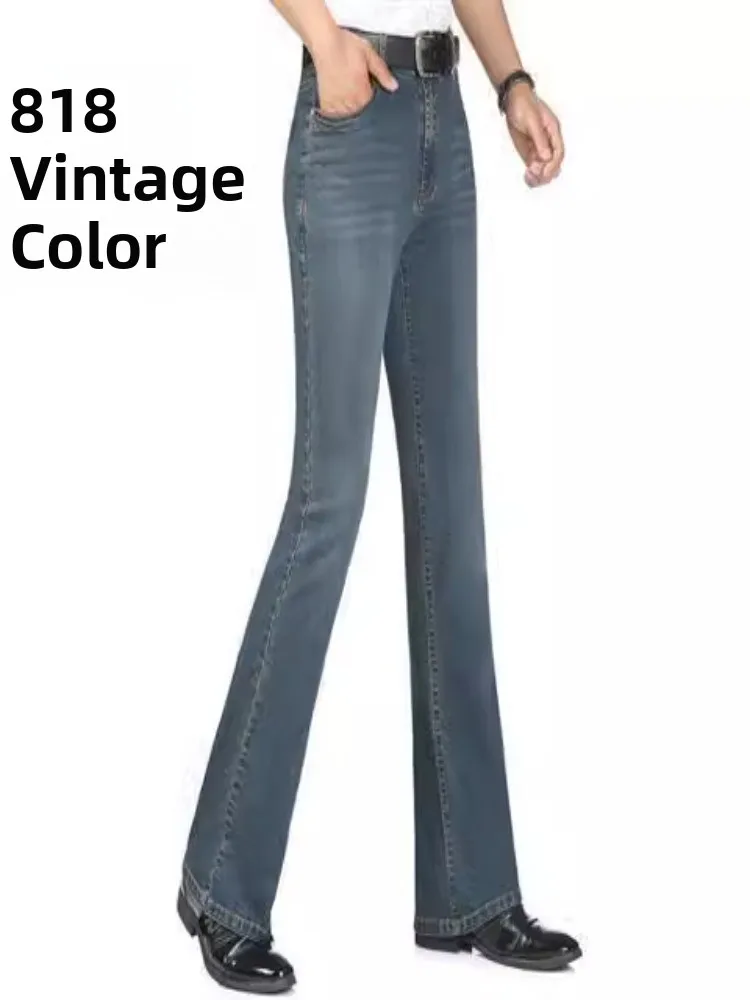 

Новые ретро-джинсы для мужчин на весну-осень, с легким расклешением, в корейском стиле, модные, облегающие, с высокой талией, длинные, повседневные, джинсовые брюки