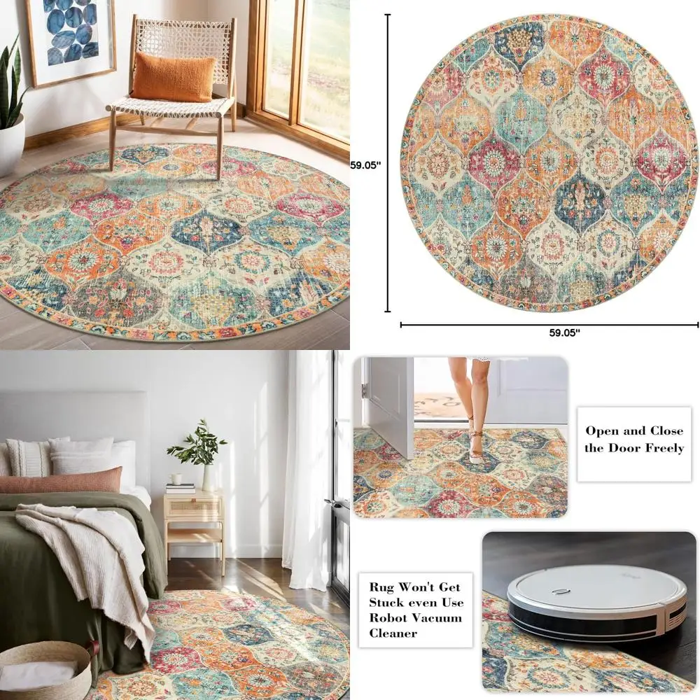 

Круглый моющийся ковер диаметром 5 футов, мягкий, нескользящий, с эффектом состаривания, для дома, кремовый/многоцветный