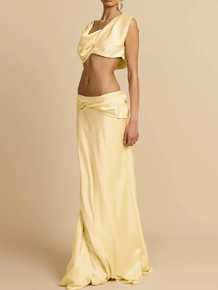 ハイウエストロングスカートセット サテン おへそ出し スリムフィット レディース パーティー ツーピースセット 春夏 ホローセクシー ホリデースーツ