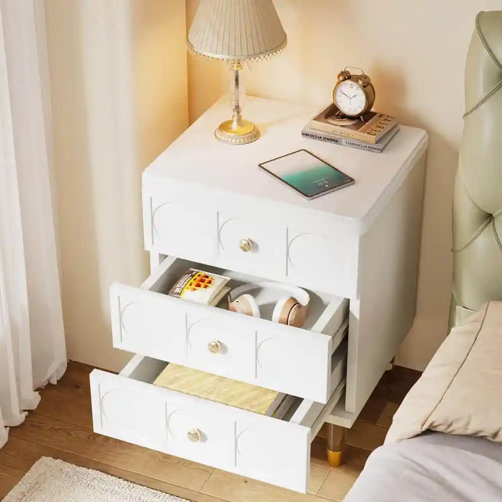 3-Drawer White and Gold Nightstand Modern Bedside Table for Bedroom livinroom