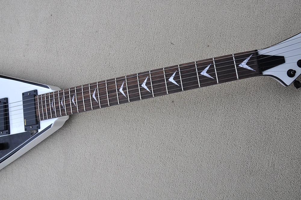 6 Strings White V Electric Guitar with Black Trim,Rosewood Fretboard,Can be Customized