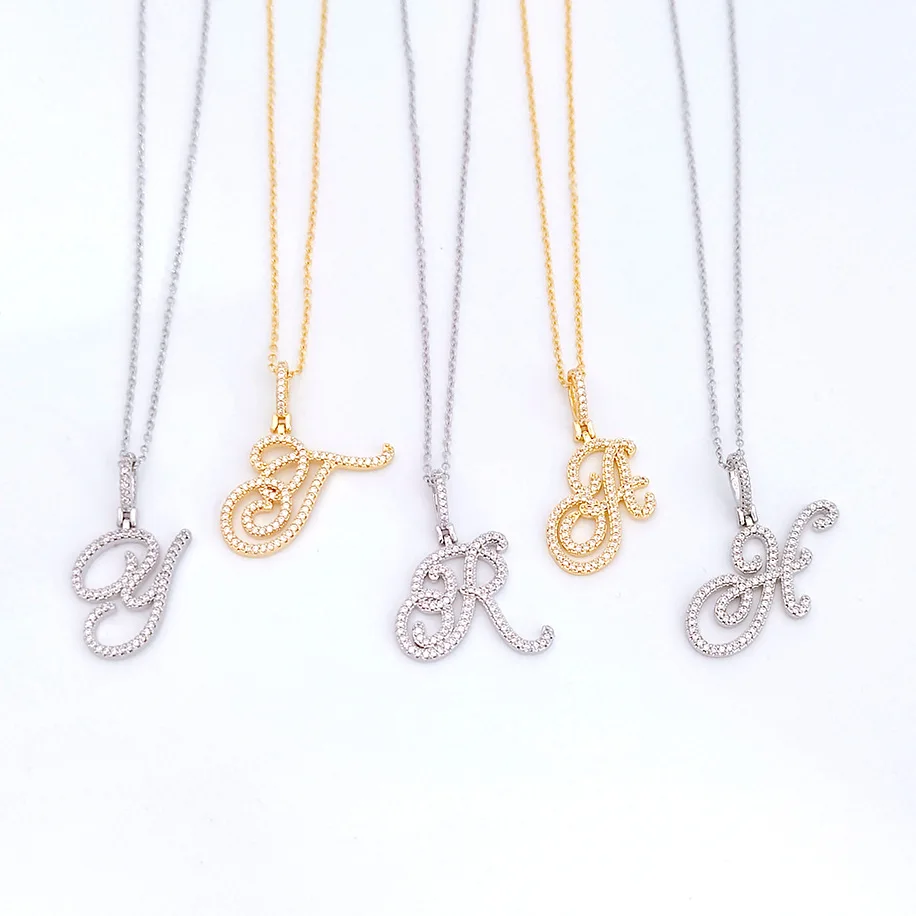 Cadena de acero inoxidable, collar con inicial de cobre para mujeres y hombres, colgante de letra cursiva de circonia cúbica he