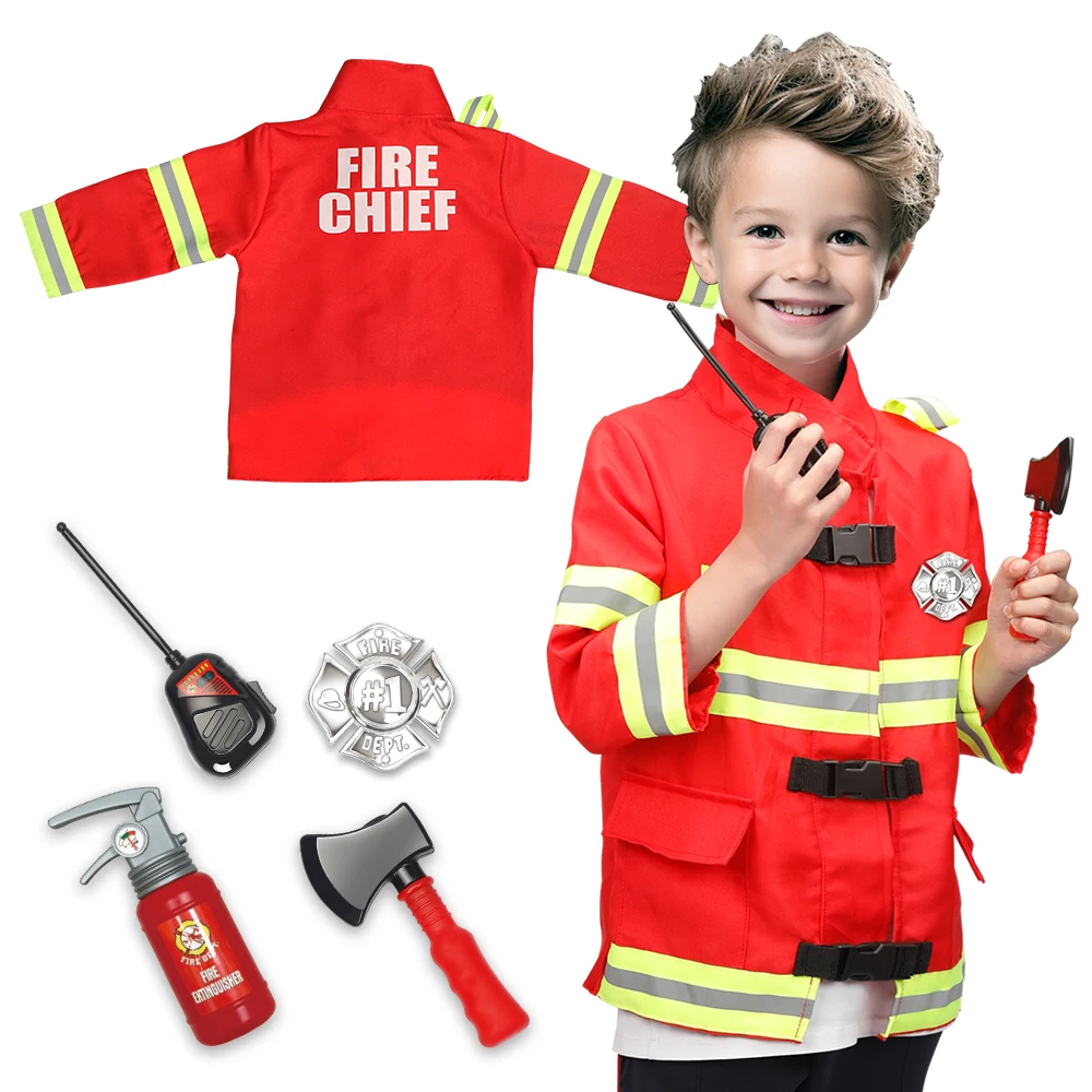 Kids Fireman Costume Firefighter Dress-Up Toy Set for Children Boys and Girls Fire Chief Pretend Role Play with Accessories