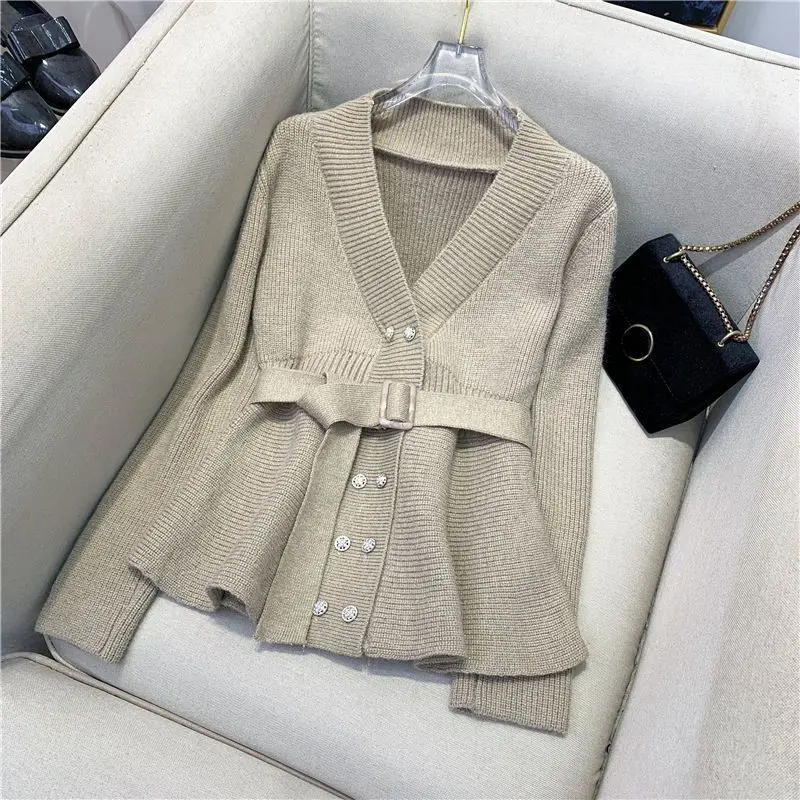 Women Knitted Clothing Outfits Spring Autumn Lady French Graceful V-Neck Sweater Cardigan Fashion Slim Half Skirt Two Piece Set