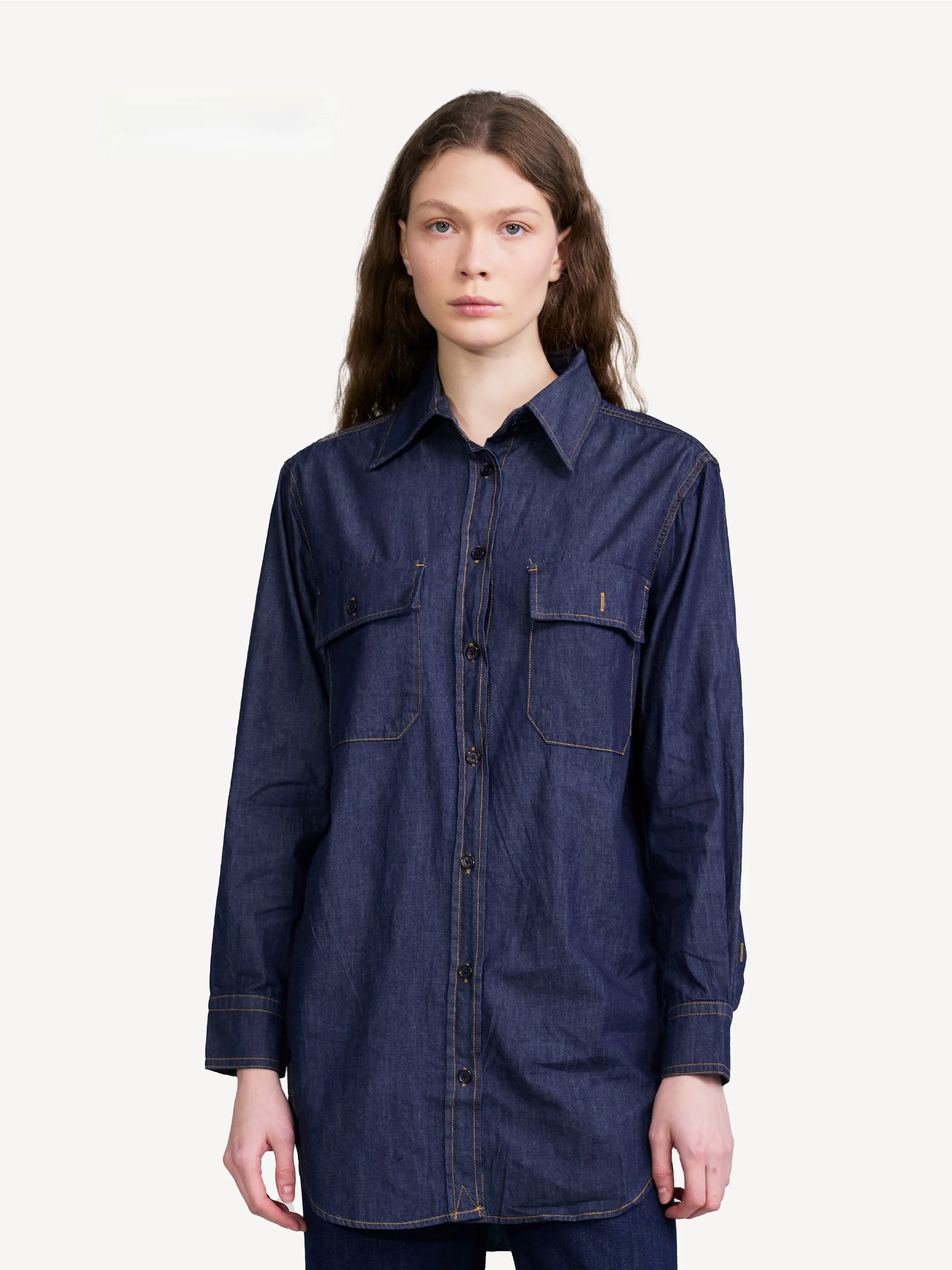 

Blue Denim Long Sleeve Shirt Women's Style Retro Fit Cotton Shoulder Length AEVIAA Casual Vintage Feel Car Coat Girl's Shirt