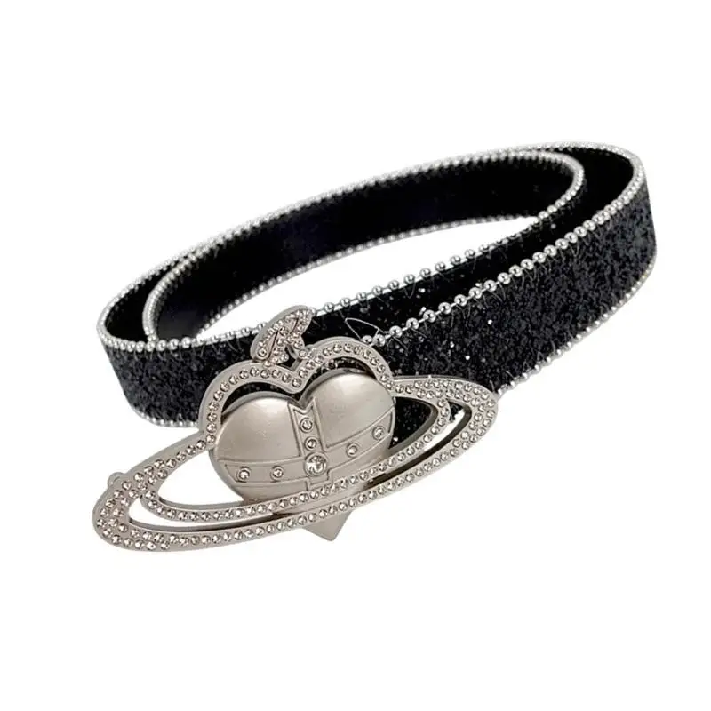 

A52E Women Skinny Belt Rhinestones Buckle Waistband Beaded Trim Sequins Belt for Pants